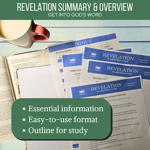 May include: A collection of printed study guides titled Revelation: Revealing What is to Come, featuring blue headers with crown icons, alongside an open book and a mug. The text includes Revelation Summary & Overview, Get into God's Word, Essential information, Easy-to-use format, and Outline for study.