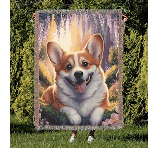 Woven Throw Corgi Lovers Blanket Floral Design Cozy Blanket Dog Mom Gift For Dog Lovers