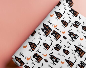 Haunted House Halloween Gift Wrap | Spooky Village Pattern