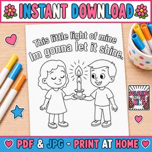 Può includere: Una pagina da colorare stampabile con un'illustrazione a linee di due bambini che tengono in mano una candela accesa. Il testo recita, This little light of mine, Im gonna let it shine. La pagina è circondata da pennarelli colorati e piccole icone a forma di cuore e stella.