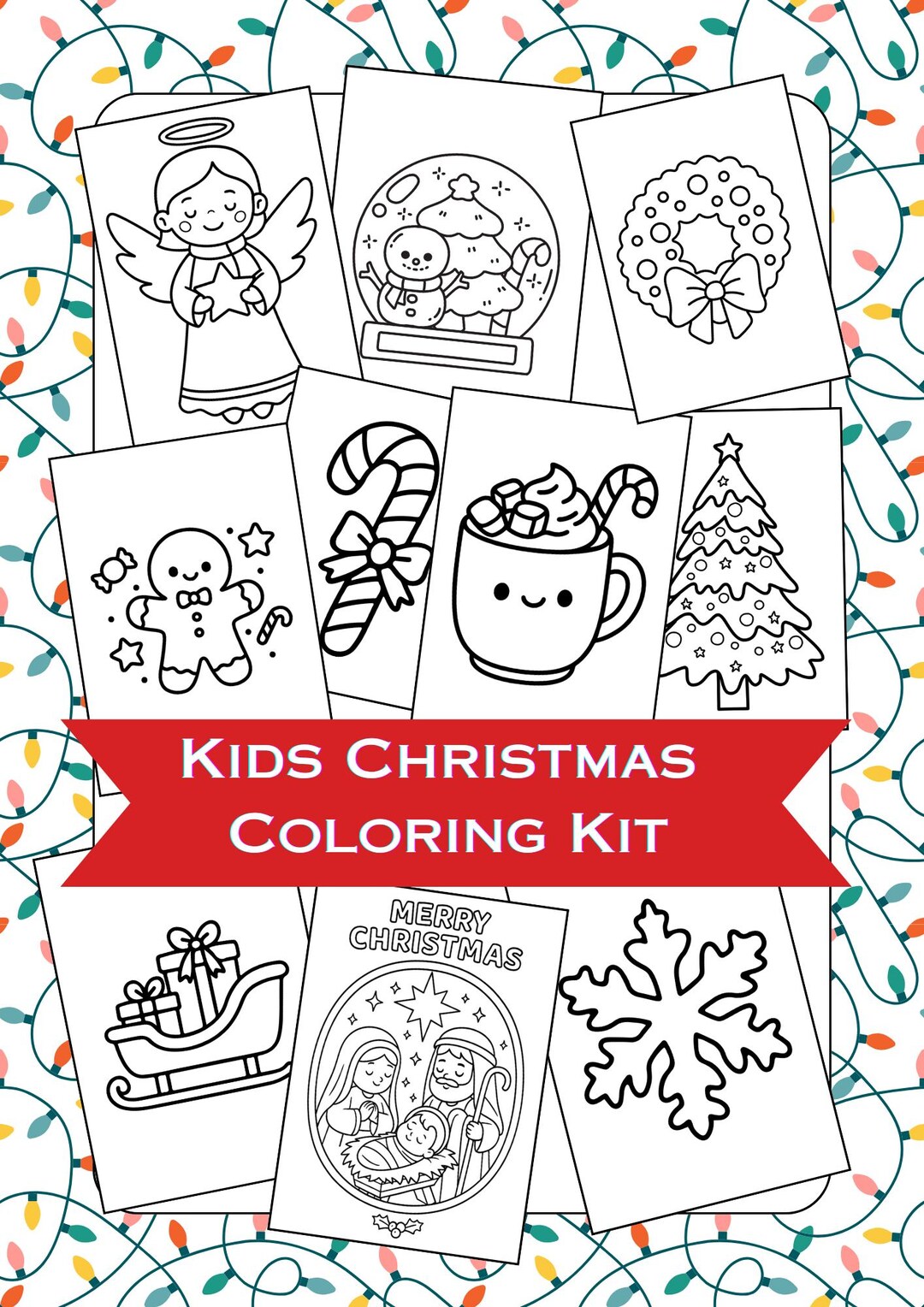 Kids Christmas Printable Coloring Page Bundle Kit, 10 Easy Holiday ...