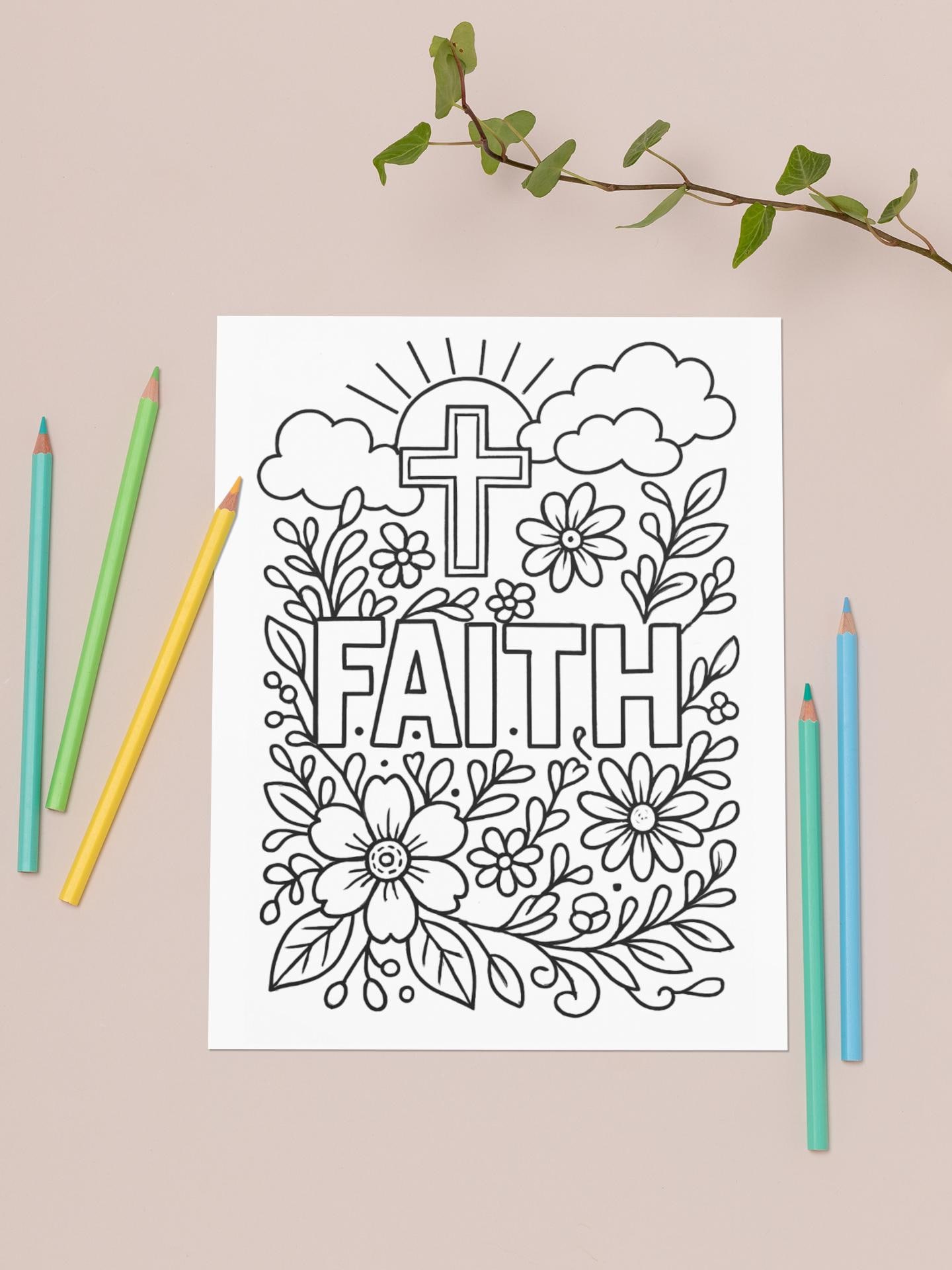 Faith Printable Digital Coloring Page Christian Flowers and Cross (PDF ...
