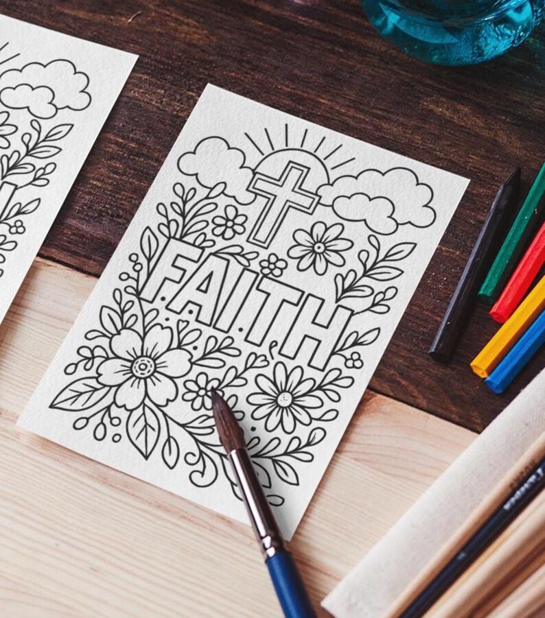 Faith Printable Digital Coloring Page Christian Flowers and Cross (PDF ...