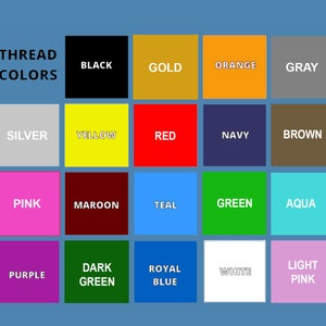 May include: A chart displaying 18 different thread colours, including black, gold, orange, grey, silver, yellow, red, navy, brown, pink, maroon, teal, green, aqua, purple, dark green, royal blue, white, and light pink.