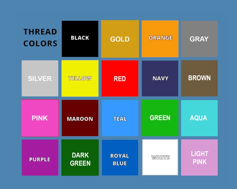 May include: A chart displaying 18 different thread colours, including black, gold, orange, grey, silver, yellow, red, navy, brown, pink, maroon, teal, green, aqua, purple, dark green, royal blue, white, and light pink.