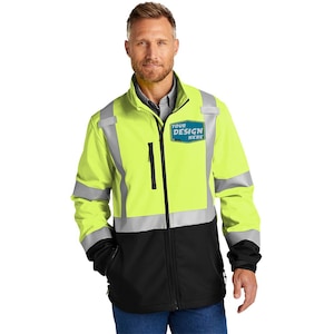 May include: A bright yellow and black safety jacket with reflective strips. The jacket has a zipper closure and a patch on the chest that says "YOUR DESIGN HERE".