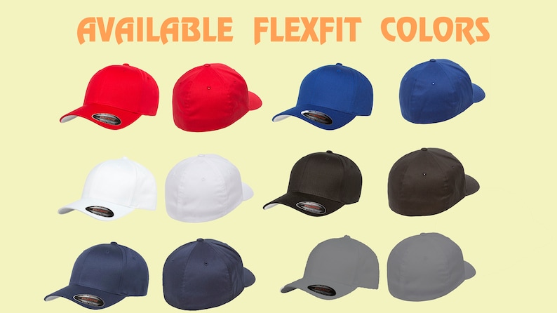 May include: Available Flexfit Colours: A selection of 10 baseball caps in various colours, including red, white, blue, black, navy, and grey. The caps are all Flexfit brand and have a curved brim.