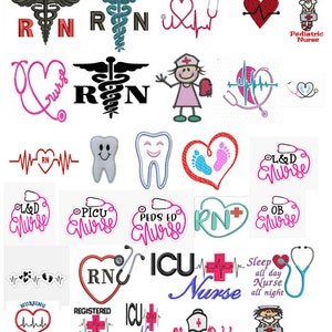 May include: A collection of colorful embroidery designs featuring various symbols related to nursing, including a stethoscope, a heart, a caduceus, and the letters RN. The designs also include text such as "Nurse", "L&D Nurse", "Pediatric Nurse", and "ICU Nurse".
