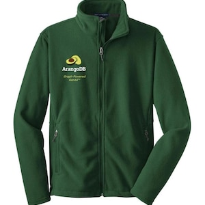 May include: A dark green fleece jacket with a full zipper and two side pockets. The jacket features the text "ArangoDB Graph-Powered GenAI" and a logo on the left chest.