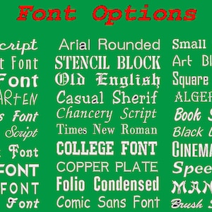 May include: A green background with white text listing various font options. The text includes "Flair Script", "Hobo Font", "KINDERGARTEN", "Flash Sans Font", "Ballantines Script", "Woodstock Font", "MISMO FONT", "FUTURA FONT", "Anaconda Font", "Arial Rounded", "STENCIL BLOCK", "Old English", "Casual Sherif", "Chancery Script", "Times New Roman", "COLLEGE FONT", "COPPER PLATE", "Folio Condensed", "Comic Sans Font", "Small Serif Font", "Art Block Font", "Square Block Font", "ALGERIAN FONT", "Book Script Font", "Black Light Roman", "CINEMATOGRAFICA", "Speedy Font", "MANDARIN", "Brush Script Font".