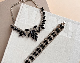 Vintage 1950s Onyx and Rhinestone Necklace and Bracelet Set