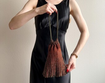 Vintage 1920s Burgundy Knitted Handbag With Brown Beads
