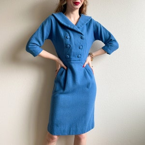 Vintage 1950s Double Breasted Blue Wool Dress (S/M)