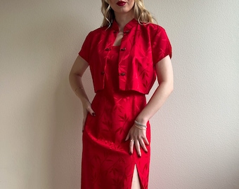Vintage 1990s Bright Red Slit Dress With Cropped Jacket (M/L)
