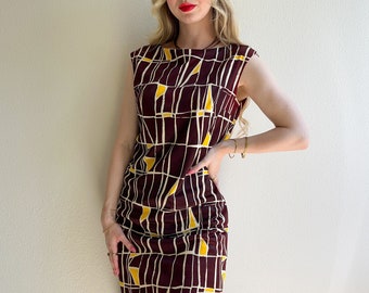 Vintage 1960s Brown and Yellow Abstract Print Jersey Shift Dress (S/M)
