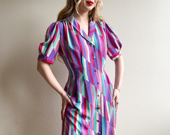 Vintage 1980s Funky Stripes Pattern Silk Dress (L/XL)