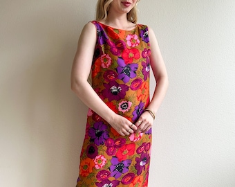 Vintage 1960s Bright Florals Silk Shift Dress (M/L)