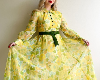 Vintage 1970er Jahre Chiffon Kleid in Gelb und Grün (M)