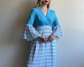 Vintage 1970s Sky Blue Bell-Sleeved Maxi Dress (S)