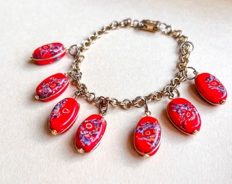 Vintage 1940s Painted Red Glass Charm Bracelet
