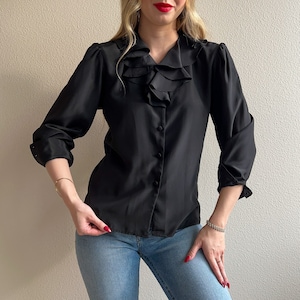 Vintage 1980s Black Ruffled Long Sleeve Blouse (S/M)