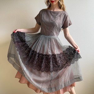 Vintage 1950s Gingham Chiffon Pleated Cocktail Dress With Black Lace (M)