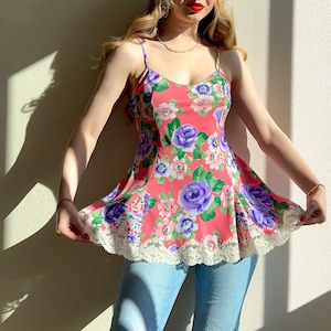 Vintage 1990s Victoria&#39;s Secret Purple Roses Pink Cami (S/M)
