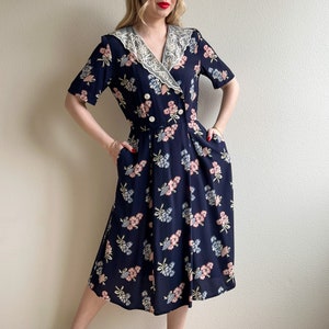 Vintage 1980s-Does-1930s Double Breasted Navy Floral Dress (M)