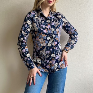 Vintage 1970s Midnight Blue Floral Long Sleeve Blouse (S/M)