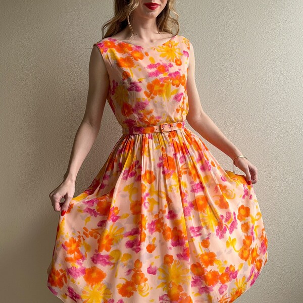 Vintage 1950s Bright Orange and Pink Chiffon Party Dress (XS/S)