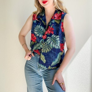 Top vintage de algodón con estampado de hibisco rojo de los años 90 (L/XL)