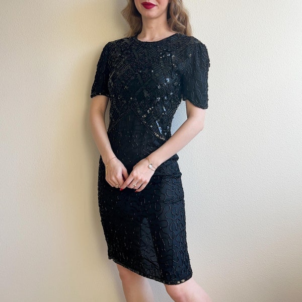 Vintage 1980s Black Sequined Dress With Cut Out (XS/S)