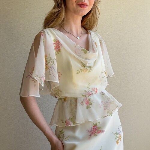 Vintage shops 1970s White Chiffon Cowl Neck Floral Peplum Dress