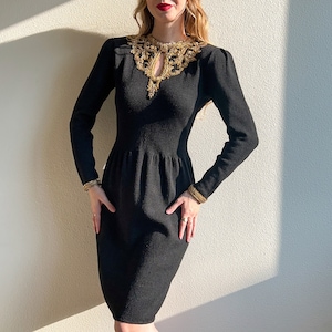 Vintage 1980s Black Knit Dress With Gold Embellishments (M/L)
