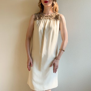 Vintage 1960s White Shift Dress With Gold Beading (S/M)