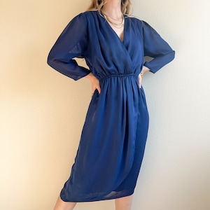 Vintage 1970s Blue Chiffon Faux Wrap Dress (S/M)