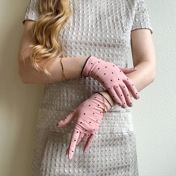 Vintage 1950s Pink Suede Gloves With Black Polka … - image 1