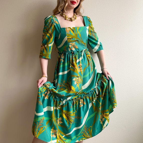 retro tropical print dress 100% Cotton Green Tropical Print Maxi Dress - All Dresses