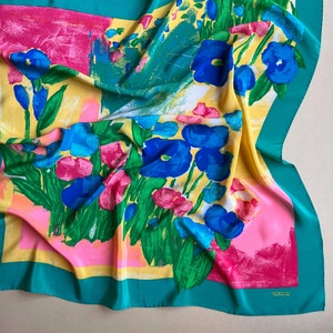 Vintage 1980s Painterly Spring Florals Silk Scarf
