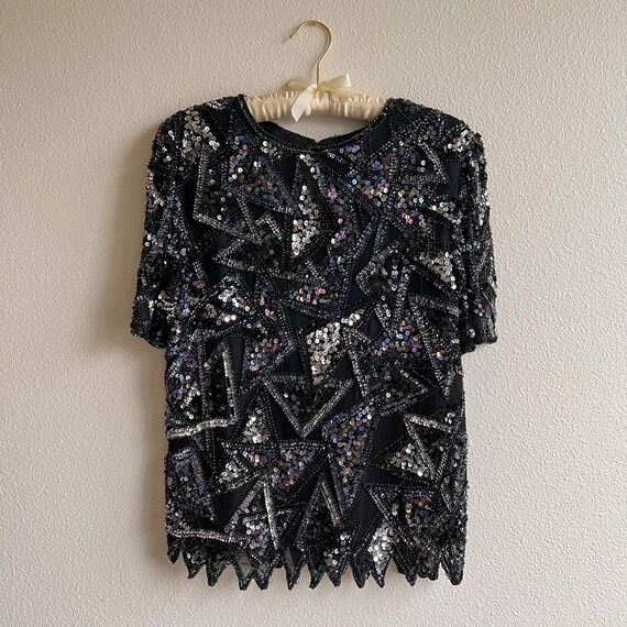 Vintage 1980s Black Sequined Triangles Blouse (S/… - image 5