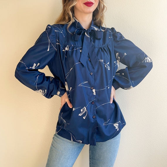 Vintage 1990s Blue Abstract Print Blouse (L/XL) - image 1