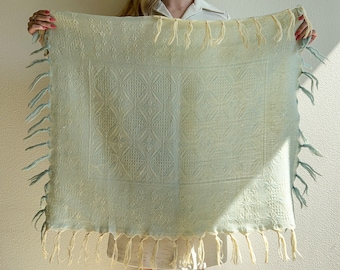 Vintage 1970s Mint and Cream Hand Knit Scarf