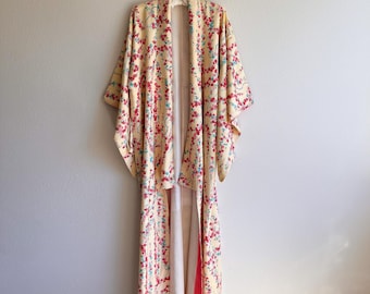Vintage 1960s Pale Yellow Silk Kimono With Colorful Floral Print (OSFM)