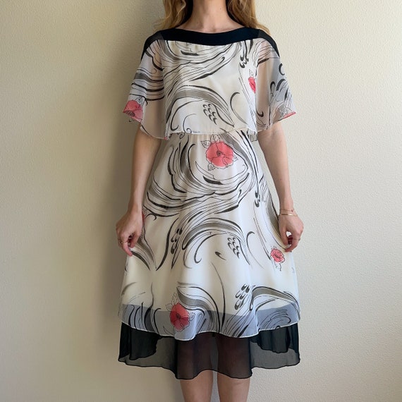 Vintage 1970s Black and White Chiffon Dress (XS/S) - image 1