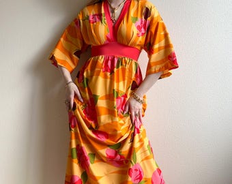 Vibrant Vintage 1970s Orange Maxi Dress With Pink Rose Print (S/M)