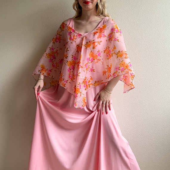 floral chiffon overlay dress Light Pink Tropical Print Chiffon Dress - Maxi Dresses
