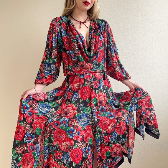 Vintage 1980s Diane Freis Red Floral Dress With Sequins (L/XL)