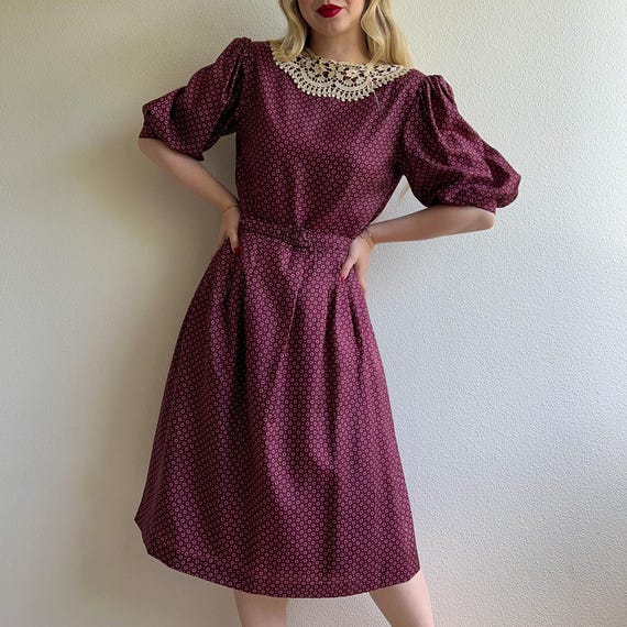 Vintage 1980s Burgundy Silk Polka Dot Dress With Crochet Collar (M) - Etsy  Israel