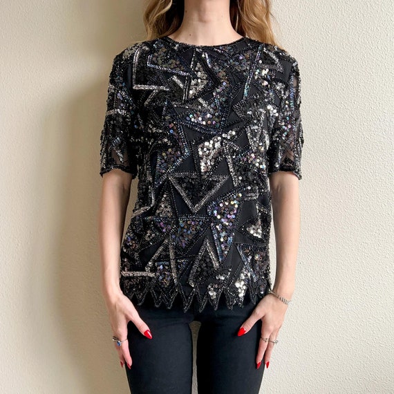 Vintage 1980s Black Sequined Triangles Blouse (S/… - image 3