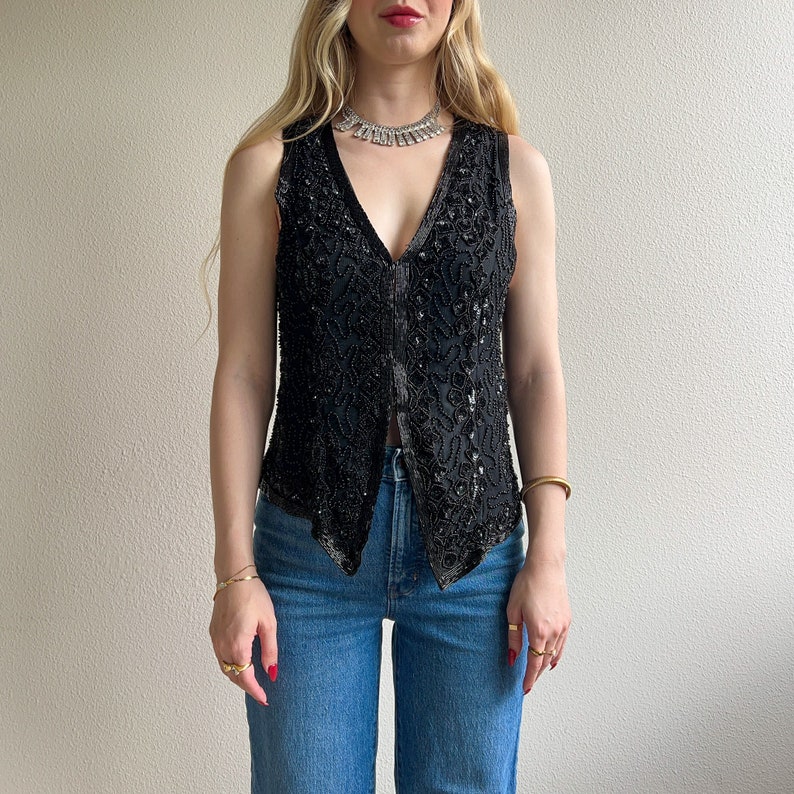 Vintage 1980s Black Beaded and Sequined Vest M/L image 3